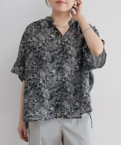 予約】モノトーンフラワーPT スキッパードルマンブラウス（シャツ