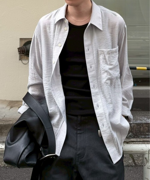 Chikashitsu +（チカシツプラス）の「【Chikashitsu +】soft cropped stripe shirt / 【チカシツプラス】ソフトクロップドストライプ長袖シャツ<着用動画あり>（シャツ/ブラウス・メンズ・ライトグレー/チャコール/ライトカーキ・ONE SIZE）」の22枚目の写真