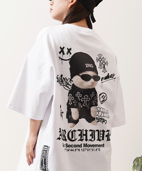 1111clothing（ワンフォークロージング）の「【2ND ARCHIVE】猫転写グラフィック オーバーサイズ半袖Tシャツ / ビッグシルエット / ユニセックス（Tシャツ/カットソー・メンズ・ホワイト/ブラック/ピンク/ライトグリーン・FREE）」の2枚目の写真