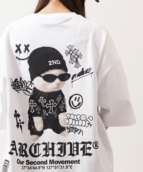 1111clothing（ワンフォークロージング）の「【2ND ARCHIVE】猫転写グラフィック オーバーサイズ半袖Tシャツ / ビッグシルエット / ユニセックス（Tシャツ/カットソー・メンズ・ホワイト/ブラック/ピンク/ライトグリーン・FREE）」の9枚目の写真