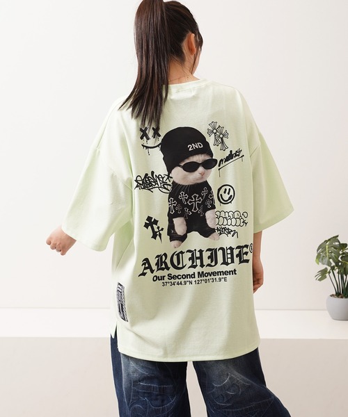 1111clothing（ワンフォークロージング）の「【2ND ARCHIVE】猫転写グラフィック オーバーサイズ半袖Tシャツ / ビッグシルエット / ユニセックス（Tシャツ/カットソー・メンズ・ホワイト/ブラック/ピンク/ライトグリーン・FREE）」の22枚目の写真
