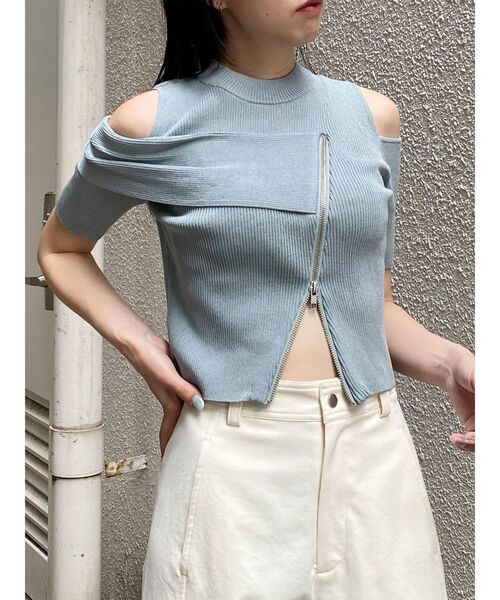 MURUA(ムルーア)の「ショルダーカットZIPハーフニット 夏服(ニット/セーター・レディース・ブラック/アイボリー/ピンク/イエロー/ブルー・FREE)」の3枚目の写真