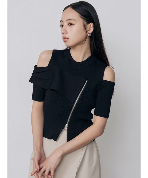 MURUA（ムルーア）の「ショルダーカットZIPハーフニット　夏服（ニット/セーター・レディース・ブラック/アイボリー/ピンク/イエロー・FREE）」の5枚目の写真