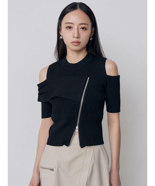 MURUA（ムルーア）の「ショルダーカットZIPハーフニット　夏服（ニット/セーター・レディース・ブラック/アイボリー/ピンク/イエロー・FREE）」の6枚目の写真
