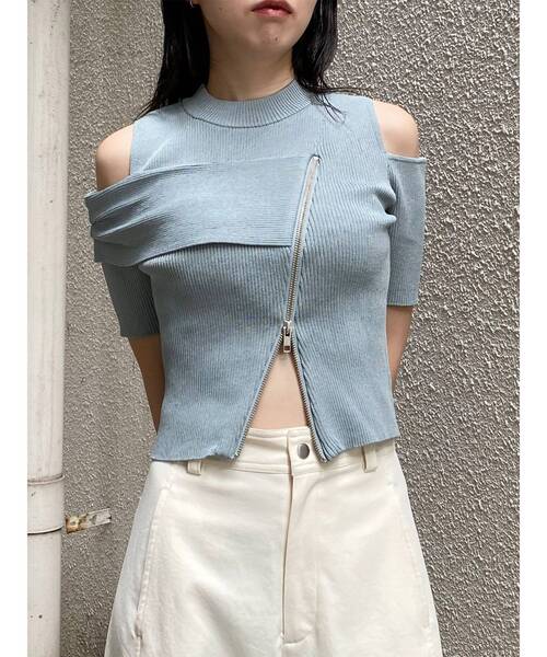 MURUA(ムルーア)の「ショルダーカットZIPハーフニット 夏服(ニット/セーター・レディース・ブラック/アイボリー/ピンク/イエロー/ブルー・FREE)」の19枚目の写真