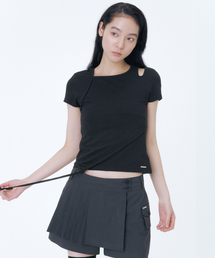 Cutout shirring layered shortsleeve BLACK