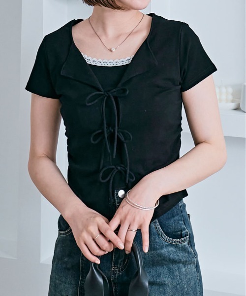kirakiraShop(キラキラショップ)の「リボン レイヤード風 半袖トップス(Tシャツ/カットソー・レディース・ブラック/ホワイト/ピンク/ライトイエロー/ブルー・FREE)」の7枚目の写真