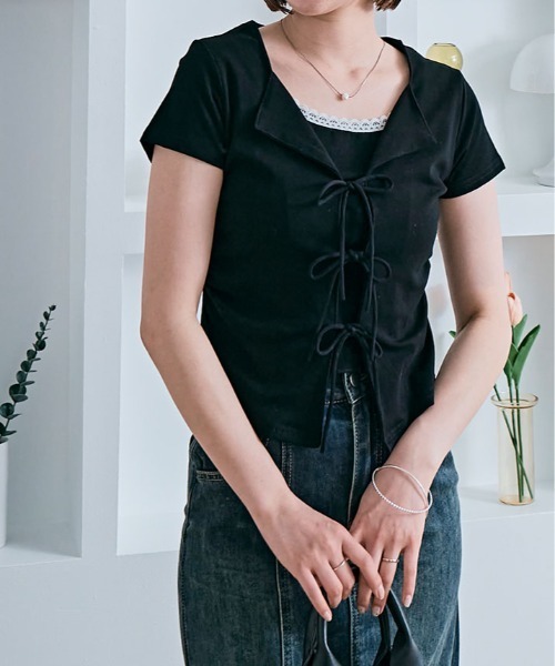 kirakiraShop(キラキラショップ)の「リボン レイヤード風 半袖トップス(Tシャツ/カットソー・レディース・ブラック/ホワイト/ピンク/ライトイエロー/ブルー・FREE)」の13枚目の写真
