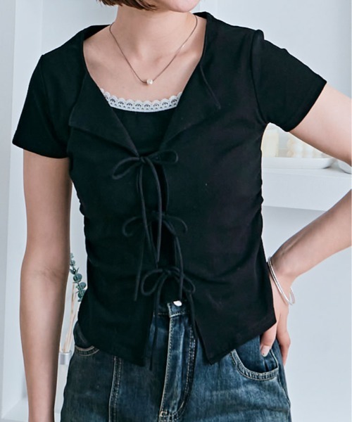 kirakiraShop(キラキラショップ)の「リボン レイヤード風 半袖トップス(Tシャツ/カットソー・レディース・ブラック/ホワイト/ピンク/ライトイエロー/ブルー・FREE)」の14枚目の写真
