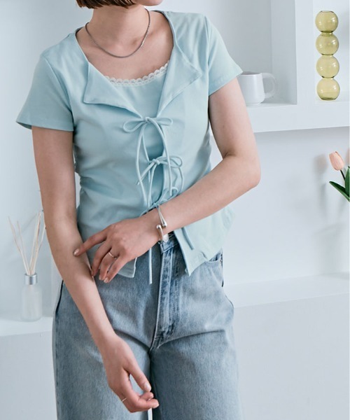 kirakiraShop(キラキラショップ)の「リボン レイヤード風 半袖トップス(Tシャツ/カットソー・レディース・ブラック/ホワイト/ピンク/ライトイエロー/ブルー・FREE)」の21枚目の写真