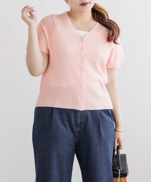 CLETTE(クレット)の「CLETTEオリジナルフレンチスリーブニットカーディガン(ニット/セーター・レディース・ピンク/ライトグリーン/イエロー・LL/4L/3L)」の2枚目の写真
