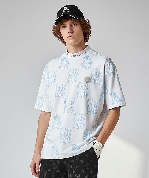 GREED MONSTER(グリードモンスター)の「GREED MONSTER チェック風総柄ロゴ半袖モックネック(Tシャツ/カットソー・メンズ・ホワイト×グレー/ホワイト×ブルー・X-LARGE/LARGE)」の1枚目の写真