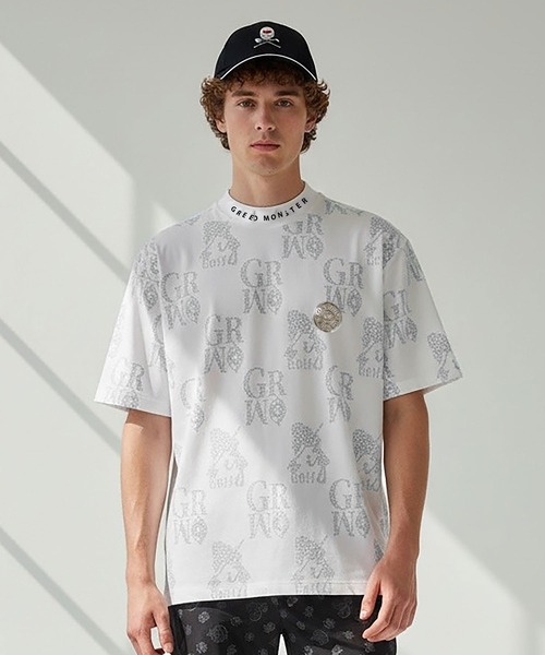 GREED MONSTER(グリードモンスター)の「GREED MONSTER チェック風総柄ロゴ半袖モックネック(Tシャツ/カットソー・メンズ・ホワイト×グレー/ホワイト×ブルー・X-LARGE/LARGE)」の2枚目の写真