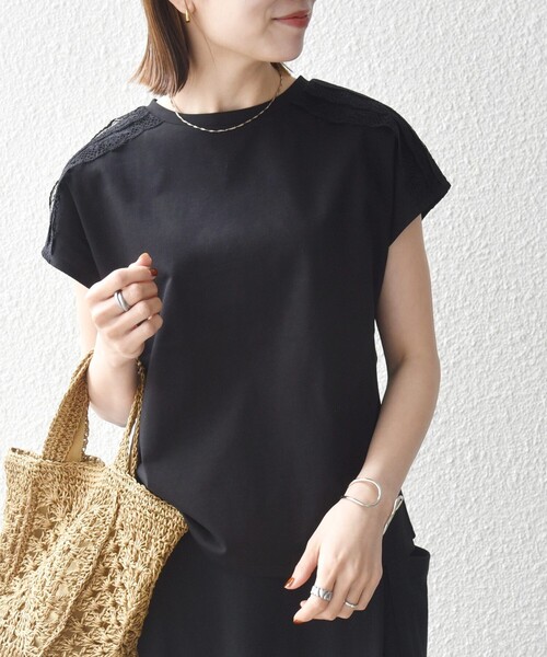 SHIPS any(シップス エニィ)の「SHIPS any:〈洗濯機可能〉ジャージー フレンチスリーブ レース TEE(Tシャツ/カットソー・レディース・ブラック/ベージュ/ホワイト/チャコールグレー・ONE SIZE)」の13枚目の写真