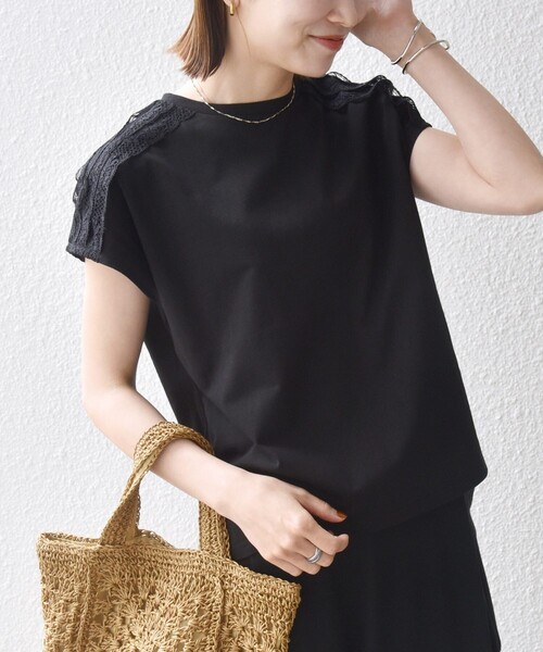 SHIPS any(シップス エニィ)の「SHIPS any:〈洗濯機可能〉ジャージー フレンチスリーブ レース TEE(Tシャツ/カットソー・レディース・ブラック/ベージュ/ホワイト/チャコールグレー・ONE SIZE)」の12枚目の写真