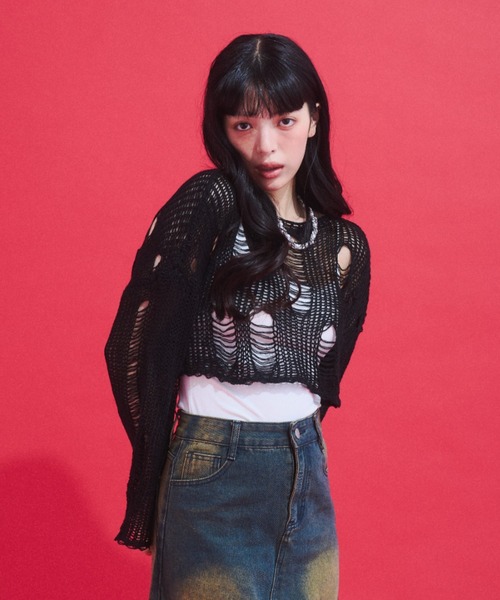 GAB GAB(ガブガブ)の「Distressed Cropped Knit Top/ダメージクロップドニット(ニット/セーター・レディース・ホワイト/ブラック・FREE)」の5枚目の写真