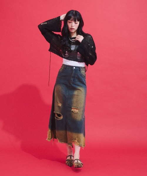 GAB GAB(ガブガブ)の「Distressed Cropped Knit Top/ダメージクロップドニット(ニット/セーター・レディース・ホワイト/ブラック・FREE)」の9枚目の写真