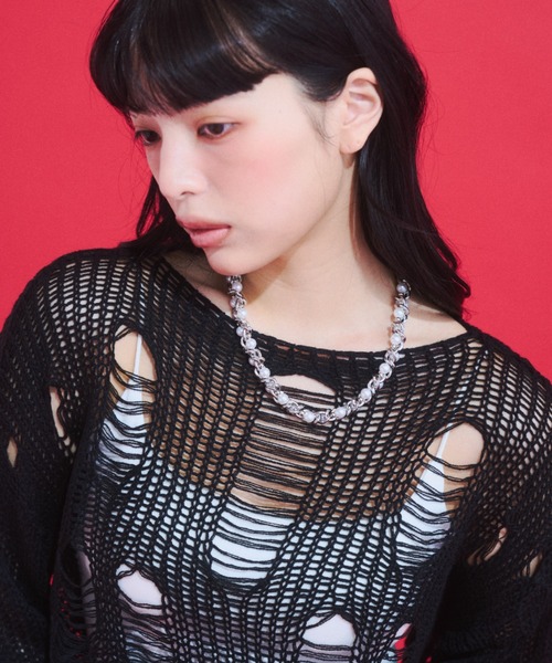 GAB GAB(ガブガブ)の「Distressed Cropped Knit Top/ダメージクロップドニット(ニット/セーター・レディース・ホワイト/ブラック・FREE)」の7枚目の写真