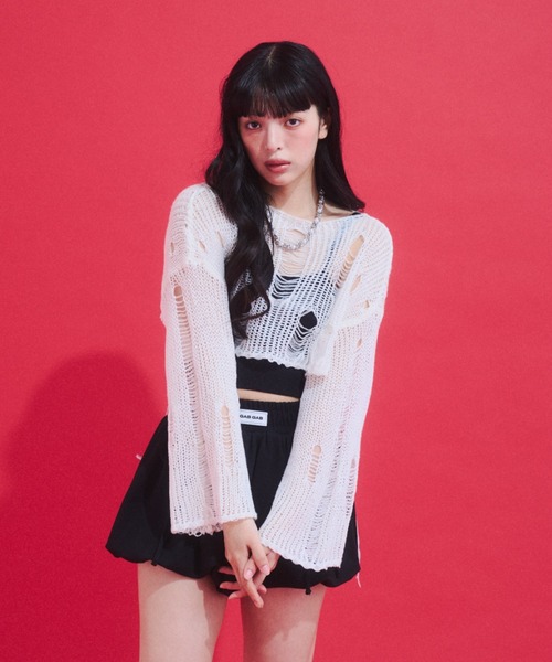 GAB GAB(ガブガブ)の「Distressed Cropped Knit Top/ダメージクロップドニット(ニット/セーター・レディース・ホワイト/ブラック・FREE)」の13枚目の写真