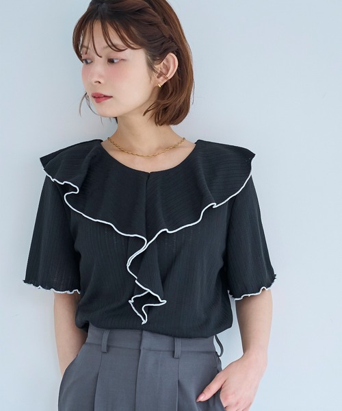 mil（ミル）の「針抜き ラッフルフリルトップス【587249】（Tシャツ/カットソー・レディース・ライトグリーン/オフホワイト/ブラック・XS/S）」の2枚目の写真