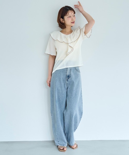 mil（ミル）の「針抜き ラッフルフリルトップス【587249】（Tシャツ/カットソー・レディース・ライトグリーン/オフホワイト/ブラック・XS/S）」の8枚目の写真