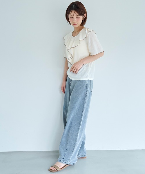 mil（ミル）の「針抜き ラッフルフリルトップス【587249】（Tシャツ/カットソー・レディース・ライトグリーン/オフホワイト/ブラック・XS/S）」の7枚目の写真