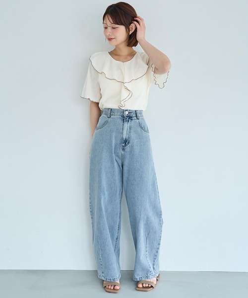 mil（ミル）の「針抜き ラッフルフリルトップス【587249】（Tシャツ/カットソー・レディース・ライトグリーン/オフホワイト/ブラック・XS/S）」の4枚目の写真