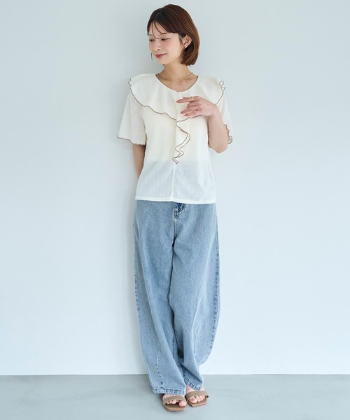 mil（ミル）の「針抜き ラッフルフリルトップス【587249】（Tシャツ/カットソー・レディース・ライトグリーン/オフホワイト/ブラック・XS/S）」の5枚目の写真