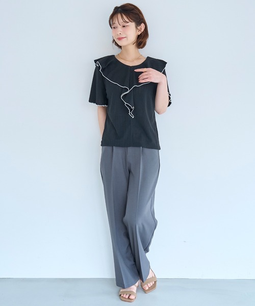 mil（ミル）の「針抜き ラッフルフリルトップス【587249】（Tシャツ/カットソー・レディース・ライトグリーン/オフホワイト/ブラック・XS/S）」の11枚目の写真