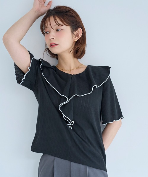 mil（ミル）の「針抜き ラッフルフリルトップス【587249】（Tシャツ/カットソー・レディース・ライトグリーン/オフホワイト/ブラック・XS/S）」の10枚目の写真