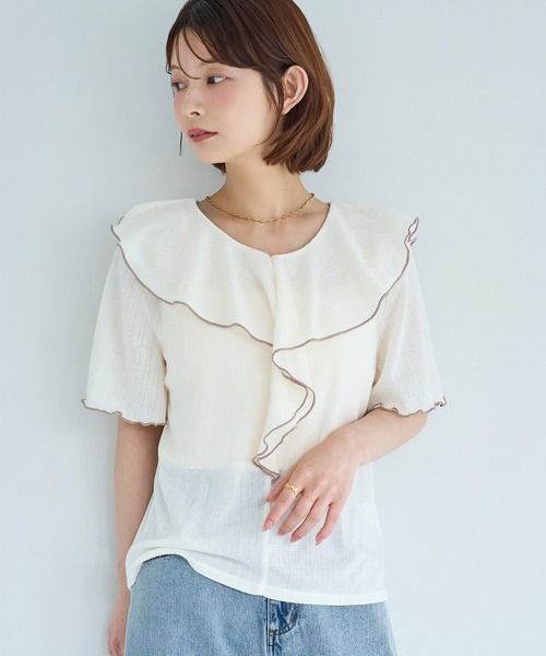 mil（ミル）の「針抜き ラッフルフリルトップス【587249】（Tシャツ/カットソー・レディース・ライトグリーン/オフホワイト/ブラック・XS/S）」の6枚目の写真