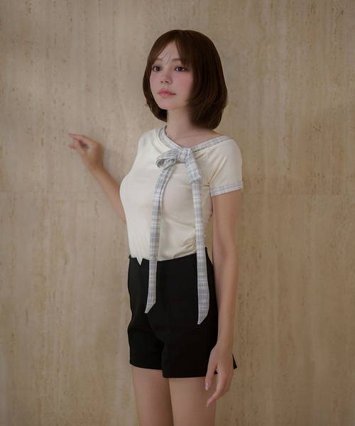 M DOLLY(エムドリー)の「Check ribbon hazel tops / チェックリボンヘーゼルトップス(Tシャツ/カットソー・レディース・アイボリー/ブラック・FREE)」の7枚目の写真