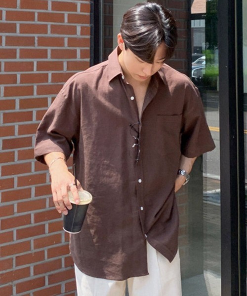 NOWLE（ノウル）の「【NOWLE】アーバン レギュラーカラー半袖 ボタンシャツ / スマートリラックス トップス（シャツ/ブラウス・メンズ・ブラウン/ホワイト・X-LARGE/LARGE/MEDIUM）」の10枚目の写真