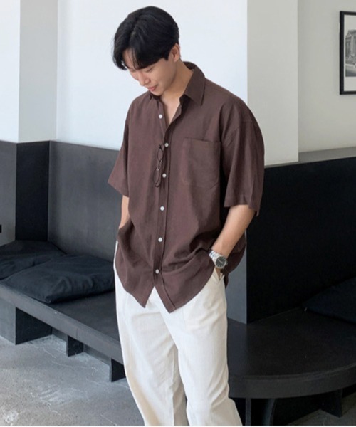 NOWLE（ノウル）の「【NOWLE】アーバン レギュラーカラー半袖 ボタンシャツ / スマートリラックス トップス（シャツ/ブラウス・メンズ・ブラウン/ホワイト・X-LARGE/LARGE/MEDIUM）」の13枚目の写真