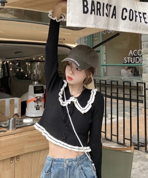 AVYL(アヴィル)の「バイカラービッグカラーレースアップリブニット(ニット/セーター・レディース・ブラック/ホワイト・M)」の14枚目の写真