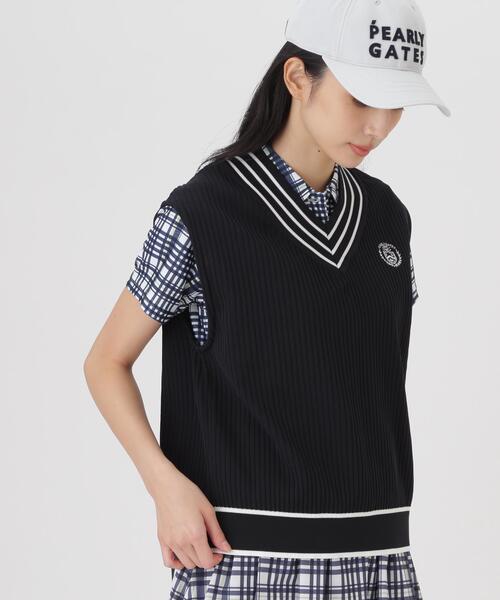 PEARLY GATES(パーリーゲイツ)の「【PEARLY GATES】14GWJQ針抜きVネックニットベスト (WOMENS)(ベスト・レディース・ホワイト系その他/ネイビー/ホワイト・SMALL/MEDIUM/LARGE)」の3枚目の写真