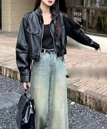 裾絞りショート丈フェイクレザージャケット
