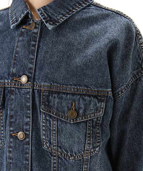 Honeys（ハニーズ）の「３シーズン活躍するビッグＧジャン（デニムジャケット・レディース・ワンウォッシュ/インディゴブルー/ケミカルウォッシュ・M/L）」の7枚目の写真