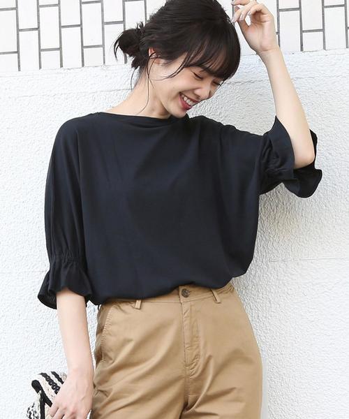 coen(コーエン)の「【接触冷感】梨地ギャザースリーブカットソー(Tシャツ/カットソー・レディース・ブラック/ライトピンク/ダークグリーン・FREE)」の2枚目の写真