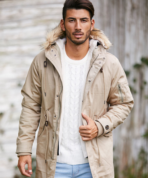 BARK MANHATTAN(バークマンハッタン)の「ストレッチジャーマンクロス 2WAY ロング モッズコート / ファー&インナーボア脱着(モッズコート)」|ベージュ