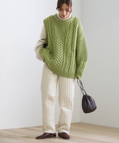 ドゥロワー ショルダー アランニット ケーブル編み モカブラウン ドゥロワー ショルダー アランニット ケーブル編み モカブラウン