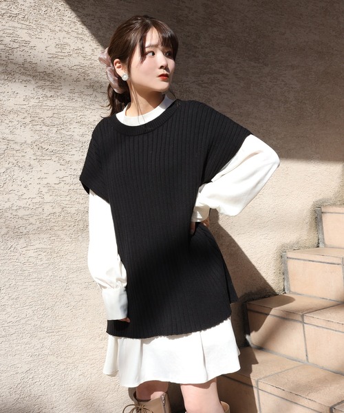one after another NICE CLAUP(ワンアフターアナザーナイスクラップ)の「ブラウスニットセット(ニット/セーター・レディース・ブラック/ベージュ/オフホワイト・FREE)」の9枚目の写真
