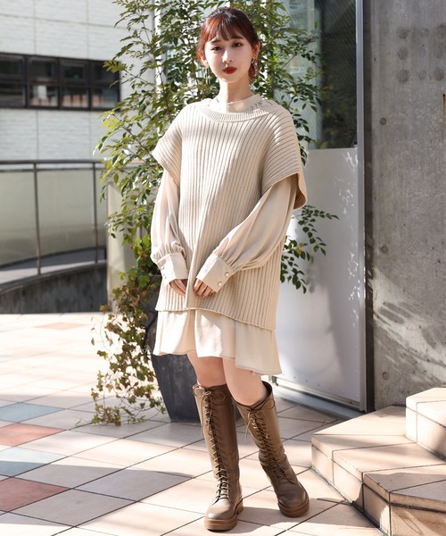 one after another NICE CLAUP(ワンアフターアナザーナイスクラップ)の「ブラウスニットセット(ニット/セーター・レディース・ブラック/ベージュ/オフホワイト・FREE)」の7枚目の写真