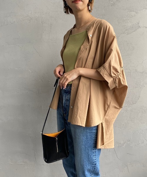 JF Ready Made（ジェイエフレディメイド）の「[Jf Ready Made/ジェイエフレディメイド] コットンローン ノーカラーバックギャザーオーバーシャツブラウス（シャツ/ブラウス・レディース・ベージュ/オフホワイト/ストライプ・F）」の9枚目の写真