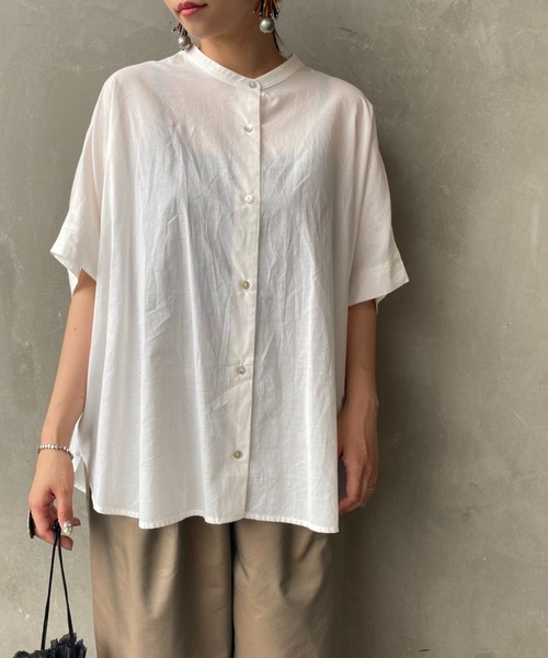 JF Ready Made（ジェイエフレディメイド）の「[Jf Ready Made/ジェイエフレディメイド] コットンローン ノーカラーバックギャザーオーバーシャツブラウス（シャツ/ブラウス・レディース・ベージュ/オフホワイト/ストライプ・F）」の17枚目の写真