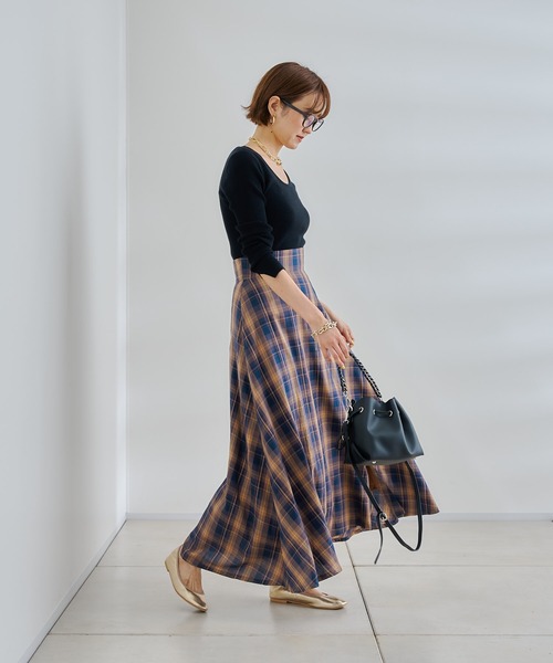 DouDou（ドゥドゥ）の「チェックフレアスカート（スカート・レディース・カーキ/ネイビー・FREE）」の8枚目の写真