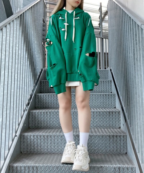 Figments（フィグメンツ）の「デストロイパーカー（パーカー・レディース・ブラック/グレー/グリーン/スミクロ・FREE）」の13枚目の写真