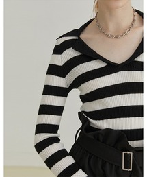 【Fano Studios】Open collar striped rib knit FQ21S108
