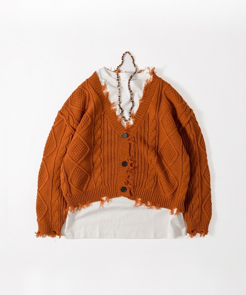 MUHET（ミュエータ）の「【3点セット】ショート丈ダメージニットカーディガン×ロンT×ネックレス（カーディガン/ボレロ・レディース・ベージュ/オレンジ/グリーン・FREE）」の3枚目の写真