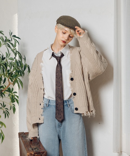 MUHET（ミュエータ）の「【3点セット】ショート丈ダメージニットカーディガン×ロンT×ネックレス（カーディガン/ボレロ・レディース・ベージュ/オレンジ/グリーン・FREE）」の7枚目の写真